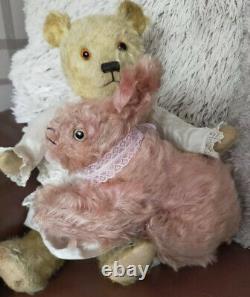 Chiltern 1930s British Mohair Teddy Bear and Bunny Pastel Pink VGC