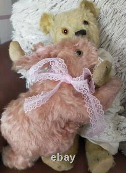 Chiltern 1930s British Mohair Teddy Bear and Bunny Pastel Pink VGC